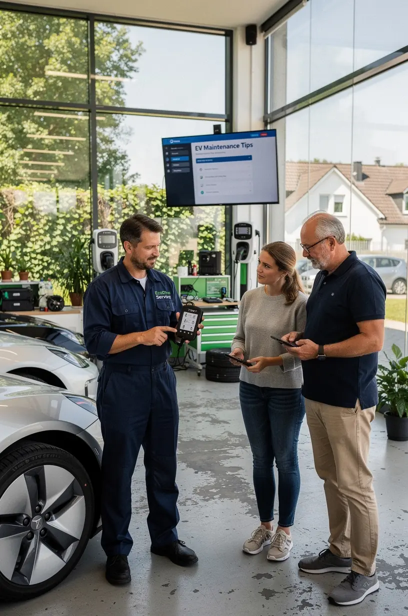 Techniker führt Softwarediagnose und überprüft Ladezustand eines Elektrofahrzeugs an einer Ladestation durch
